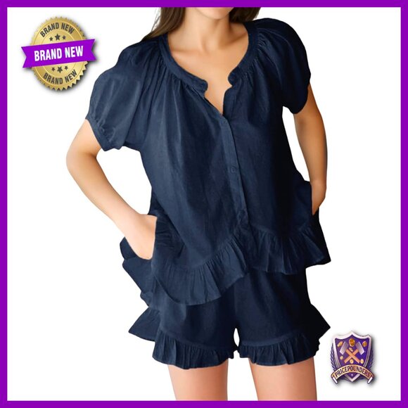 Cotton Short Sleeve Pajama Set with Ruffles Button Down Top and Shorts